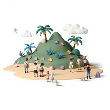 A tropical island with lush greenery, featuring a variety of vibrant flowers in colors such as red, blue, purple, and yellow. The landscape is dotted with exotic plants and trees, casting shadows on the soft sandy beach. In the foreground, a group of pirates, wearing tattered clothing and tricorn hats, are exploring the island. Some are examining the flowers, while others are gazing in awe at magical creatures, such as small fairies with shimmering wings and colorful birds with long tails. The sky above is clear with a few wispy clouds, and the sunlight creates a bright, inviting atmosphere on this enchanting island.