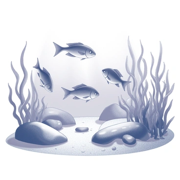 An underwater scene depicting an undersea ecosystem. A school of fish is swimming together, showcasing their streamlined bodies and fins in motion. The fish are surrounded by lush seaweed that sways gently, with long, flowing fronds extending in various directions. Sunlight filters through the water, casting soft shadows on the sandy seabed below. Various shapes and textures of rocks are present in the background, enhancing the detail of the marine environment.