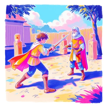 A young hero with tousled brown hair is practicing sword fighting in a training yard. He is wearing a simple tunic and trousers, and his face shows determination. His mentor, an older figure with graying hair and a sturdy build, stands nearby, holding a wooden sword. The mentor demonstrates a technique, pointing with his sword while the young hero watches attentively. Surrounding them are wooden training dummies and a fence made of wooden planks. The ground is covered with straw, and the sky is bright, indicating a warm and sunny day.