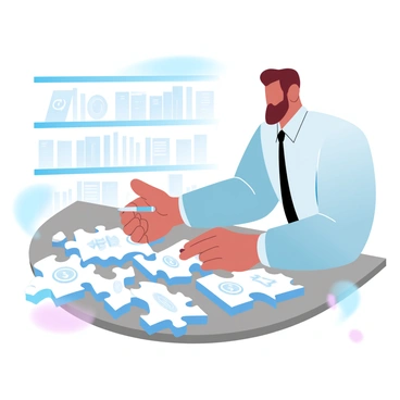 A broker is sitting at a large wooden table, focused on assembling a large jigsaw puzzle. The puzzle pieces feature various financial icons, such as coins, bar graphs, and currency symbols. The broker is wearing a smart-casual outfit, with a folded sleeve and a pen in hand, positioned thoughtfully. The background is filled with shelves containing finance books and charts, contributing to the atmosphere of a busy office environment.