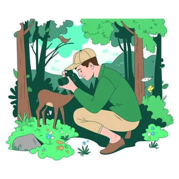 A man wearing a green jacket and khaki pants is crouched down in a lush forest, focused on capturing photographs of wildlife with a black DSLR camera. He has short brown hair and is wearing a beige cap. Surrounding him are tall trees with vibrant green leaves and patches of colorful wildflowers scattered throughout the underbrush. In the background, a deer can be seen peeking through the foliage, and a small bird is perched on a branch nearby, adding to the lively atmosphere of the natural setting.