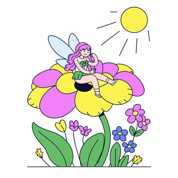 A tiny fairy with delicate, translucent wings sits gently on a large, vibrant flower. The flower has bright petals in shades of pink and yellow, with intricate details in its design. The fairy has shimmering hair that cascades down her back, and she wears a dress made of leaves and petals. Surrounding the flower are various green plants and smaller colorful flowers, creating a lush and magical atmosphere. The sunlight filters through the leaves above, casting soft shadows around the scene.