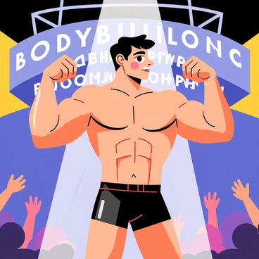 A muscular man with short dark hair is flexing his biceps on a brightly lit stage during a bodybuilding competition. He is wearing a shiny black posing trunks that highlight his toned physique. The background features a large banner with "Bodybuilding Championship" written in bold letters. The audience is visible, capturing the moment with excitement, while a spotlight shines directly on him, accentuating his well-defined muscles and confident expression.
