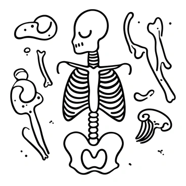 An illustration featuring a detailed outline of a ribcage positioned in the center. Surrounding the ribcage are various other bones, including a skull, femur, and vertebrae, all in a simplistic outline style. The bones are arranged in an organized manner, providing a clear view of their shapes and connections. The background is plain to emphasize the skeletal structure.
