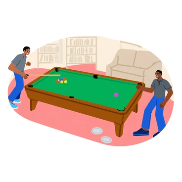 A miniature billiard set placed on a wooden coffee table. The billiard table is green felt with tiny colorful balls arranged in a triangle shape. Two action figures are positioned on either side of the table. One action figure is dressed in a classic pool player outfit, holding a cue stick, while the other figure is wearing a casual shirt and preparing to take a shot. The coffee table has a glossy finish and is adorned with a few scattered coasters. In the background, a cozy living room setting features a couch and a bookshelf filled with books.