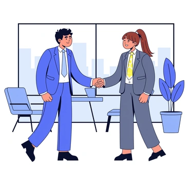 Two business people standing in a modern office environment. One person is wearing a dark blue suit and has short black hair, representing a formal and professional appearance. The other person is dressed in a gray suit with a patterned tie, featuring long brown hair tied back. They are shaking hands firmly, showing a connection between their different cultural backgrounds. Behind them, large windows reveal a city skyline, and there are sleek office furniture and indoor plants visible in the space.