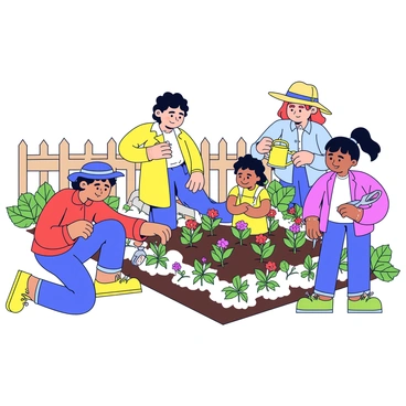 A diverse group of women from different generations is engaged in planting and tending a community garden. One woman in her 60s is kneeling on the ground, carefully planting young tomato seedlings. Beside her, a woman in her 40s is using a small hand trowel to dig holes for flower bulbs, wearing a sun hat and gloves. A young girl, around 10 years old, is watering plants with a bright green watering can. Nearby, a woman in her 30s is pruning herbs with a pair of scissors. The garden is filled with various plants, including leafy greens and vibrant flowers, all surrounded by a wooden fence. The sky is clear and sunny, which adds a cheerful atmosphere to the scene.
