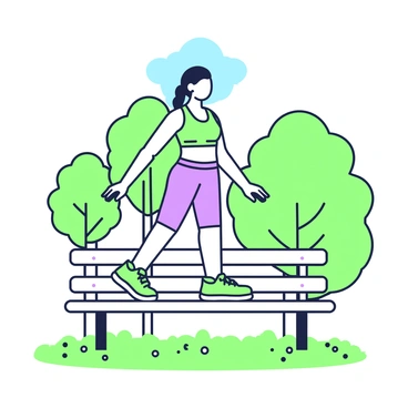 A person is standing on a park bench, performing calf raises. They are wearing athletic clothing, consisting of a fitted top and shorts, with running shoes. The individual's arms are extended at their sides for balance. In the background, there are several trees with green foliage, creating a natural setting. The ground beneath the bench is covered with grass and small pebbles. The park is sunny, with a clear blue sky above.