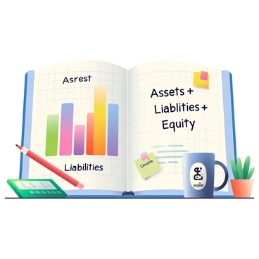 A large, open notebook with a grid pattern is displayed on a wooden desk. On the left page, there are colorful bar charts representing assets, liabilities, and equity. Each bar is labeled in bold letters with "Assets," "Liabilities," and "Equity." On the right page, handwritten notes explain the accounting equation, with the phrase "Assets = Liabilities + Equity" prominently featured in the center. Surrounding the notebook are various stationery items, including a red pencil, a green calculator, and sticky notes in different colors. A coffee mug with a financial logo is placed next to the notebook, and a plant in a small pot provides a touch of greenery.