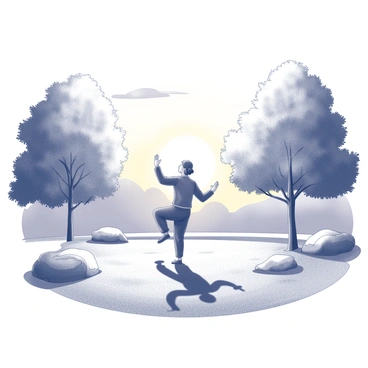 A person performing qi gong in a park surrounded by trees and grass. The individual is standing in a relaxed posture with arms raised and slightly bent, embodying a focused and graceful movement. The ground is covered with soft grass, and there are a few rocky paths winding through the area. The sun is rising in the background, casting long shadows and creating a gentle light filtering through the leaves. The sky is clear, and a few clouds can be seen, enhancing the tranquility of the scene.