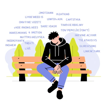A person sitting on a wooden bench in a park. The person has short black hair and is wearing a dark hoodie and jeans. Their head is slightly bowed, and they appear contemplative. Surrounding the person are swirling phrases in various fonts and sizes, with words taken from Linkin Park's emotional lyrics. The words are colored in shades of blue and purple, creating a dynamic and expressive atmosphere around the figure. The park setting includes green trees and a soft blue sky in the background.