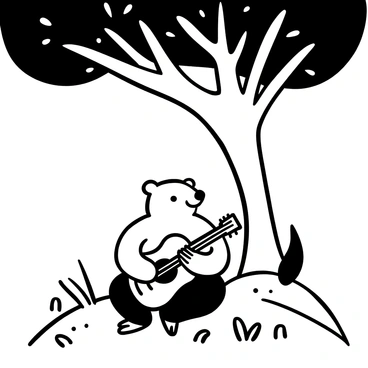 A wombat sitting on a patch of grass, strumming a guitar with its paws. The guitar is positioned across its body, with the strings clearly visible. Above, a large shady tree provides shelter, with branches extending outward and leaves drooping down. Sunlight filters through the branches, creating patterns on the ground. In the background, a few small flowers and tufts of grass are scattered around, completing the serene outdoor setting.