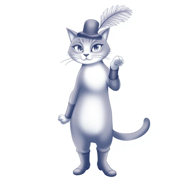 A cat standing upright, adorned with a decorative feathered hat that sits jauntily on its head. The cat wears tall, elegant boots that emphasize its playful yet adventurous character. Its body is positioned in a confident, heroic pose, with one paw raised slightly as if ready for action. The setting is simple, allowing the focus to remain on the cat's charming expression and unique attire. The overall composition showcases the cat as a whimsical yet valiant figure.
