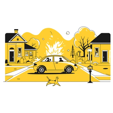 A car exploding in a quiet suburban neighborhood street