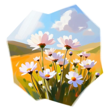 A field of flannel flowers with soft, white petals gently swaying in the breeze. The flowers have a distinct velvety texture, and their leaves are a deep green. Sunlight filters through the clear blue sky, casting a warm glow on the scene. A few scattered clouds float lazily above, adding to the tranquil atmosphere. The background features rolling hills covered in lush grass, enhancing the sense of a peaceful, sunny day.