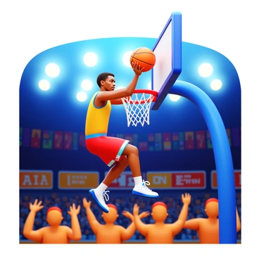 A basketball player in a vibrant basketball uniform is suspended in the air, executing a dramatic slam dunk. The player has a focused expression on their face, showcasing athleticism and power. The basketball is just above the hoop, ready to be slammed down. The background features a cheering crowd with raised arms and colorful banners, filled with excitement and energy. Bright arena lights illuminate the scene, highlighting the motion and intensity of the moment.