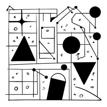 A black-and-white illustration of various bold geometric shapes, including triangles, circles, and rectangles, arranged dynamically across the canvas. The shapes overlap and interact with one another, creating a sense of movement. Lines of varying thickness connect some of the shapes, adding depth and complexity to the composition. The background is filled with a grid pattern that enhances the geometric theme, creating a structured environment for the shapes to exist within.