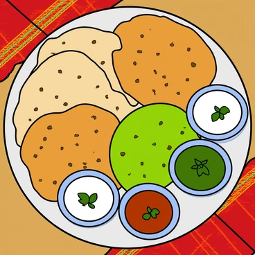 A colorful platter showcasing different types of naan alongside various dips and sauces.