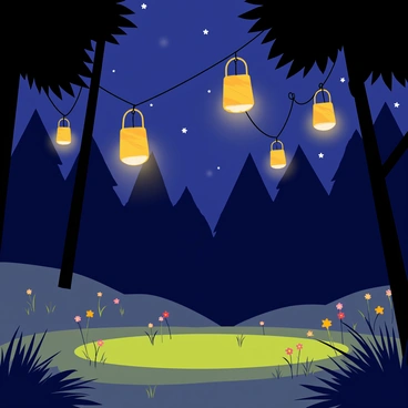 Lanterns floating in the air above a forest clearing as night falls