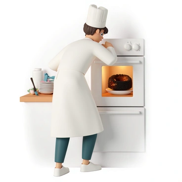 A baker peeking into an oven to find a cake burnt to a crisp, with a shocked expression.