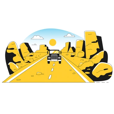 A solitary black truck is driving along a long, straight desert highway. The truck has a shiny exterior with details visible, including the headlights and wheels. The road stretches out ahead, disappearing into the horizon. On either side of the highway, there are patches of dry, cracked earth and scattered rocks. Above the scene, a clear blue sky spans across the image, with only a few wispy clouds. The sun casts strong shadows, highlighting the contours of the truck and the rugged terrain around it.