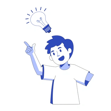A character is standing with a look of realization on their face. Above their head, there is a glowing light bulb, symbolizing a sudden idea. The character has short hair and is wearing a simple t-shirt. Their arms are slightly raised, and one hand is pointing upwards towards the bulb. The background is minimal, allowing the focus to be on the character and the illuminated bulb. The expression on the character's face conveys excitement and inspiration.