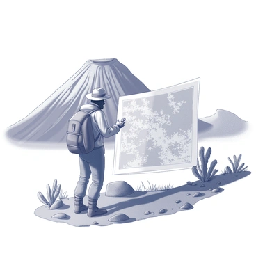 An explorer is standing on rocky terrain while studying a large map unfurled in front of them. The explorer is dressed in rugged outdoor gear, including a wide-brimmed hat and a sturdy backpack. Behind the explorer, a towering volcano rises dramatically into the sky, with steep, jagged slopes and a prominent crater at the summit. The landscape around the volcano is dotted with sparse vegetation, typical of an arid environment. The atmosphere conveys a sense of adventure and discovery as the explorer focuses intently on the map.
