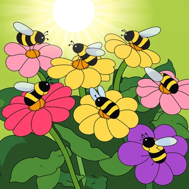 A close-up view of several bees with yellow and black stripes, actively buzzing around vibrant flowers in a sunny garden. The flowers are a mix of bold colors, including bright pinks, yellows, and deep purples, with lush green leaves surrounding them. The bees are perched on the petals, with their wings slightly spread as they collect pollen. Sunlight filters through the leaves, creating a warm and inviting atmosphere, highlighting the bees and the vivid colors of the flowers.