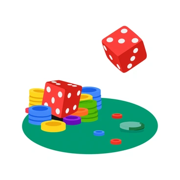 A pair of red dice with white pips is in the air, captured mid-roll. The surface of a green casino table is visible below the dice, along with a scattering of vibrant casino chips in various colors, including red, blue, yellow, and green. The chips are stacked haphazardly around the dice, adding to the excitement of the scene. The overall composition conveys a sense of anticipation as the dice spin through the air.