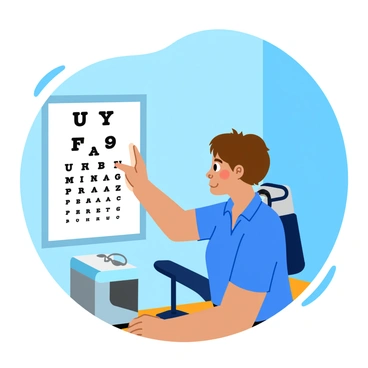 A young woman with short brown hair is standing in an optician's office, focused on an eye test chart. The chart features black letters in varying sizes arranged in rows on a white background. The room has light blue walls and a wooden floor. There is an eye examination machine next to her, and a small table with eyeglass frames displayed. A bright overhead light illuminates the area, casting soft shadows. The woman is wearing a casual blue shirt and appears to be squinting slightly as she reads the chart.
