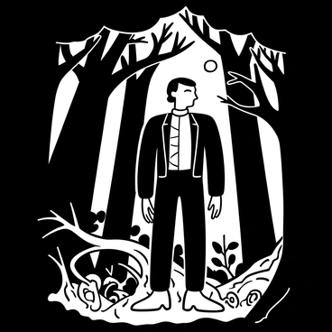 Frankenstein's monster stands tall among towering trees in a dense, dark forest. The thick trunks and sprawling branches create an imposing atmosphere, shrouding the surroundings in shadow. Rays of moonlight pierce through the canopy, illuminating patches of the forest floor and adding a sense of mystery. The monster's rugged, stitched body is partially lit by the moonlight, showcasing its textured surface. Surrounding foliage includes twisted vines and gnarled roots, enhancing the feeling of isolation in this eerie setting.