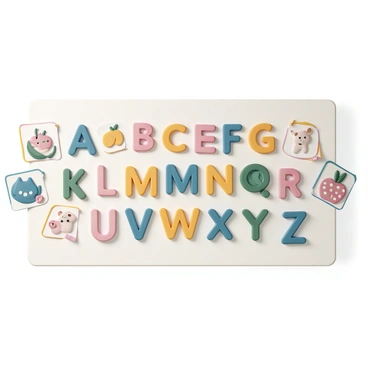A classroom wall, painted in a light pastel color, is decorated with large, colorful alphabet letters in various bold and vibrant hues. Each letter is distinct, with some featuring playful patterns like polka dots and stripes. Surrounding the letters are bright pictures depicting animals, fruits, and everyday objects, all of which are framed by cheerful borders. The arrangement is dynamic, with letters and pictures overlapping slightly in some areas for a lively effect.
