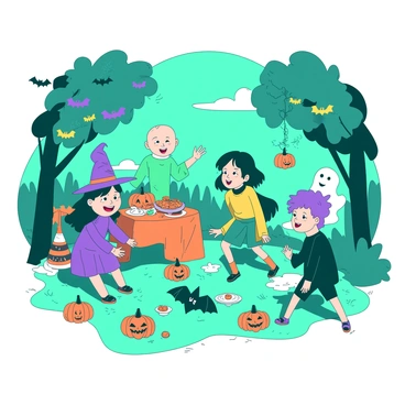 A teal Halloween party scene is filled with children in various colorful costumes, including a witch, a ghost, and a superhero. Each child is joyfully playing games and laughing together. Scattered around the area are several orange carved pumpkins, each with different facial expressions, some smiling widely and others looking spooky. There are colorful decorations like hanging bats and cobwebs adorning the trees. In the background, there is a small table with an orange tablecloth covered with Halloween-themed treats like cookies and candy. The atmosphere is vibrant and festive, capturing the essence of a fun Halloween celebration.