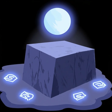 A mysterious orb glowing with a soft blue light is floating above a stone altar. The altar is rectangular with intricate carvings, showing signs of age and wear. Surrounding the altar are several glowing runic symbols etched into the ground, each symbol radiating a faint light. The scene is set in a dimly lit environment, with shadows cast from the orb and altar, creating an eerie yet intriguing atmosphere.