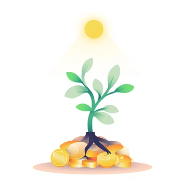 A small green sapling with delicate leaves is emerging from a pile of shiny gold coins. The sapling's roots are intertwined with the coins, showing a strong connection to them. Above the sapling, there is a bright sun shining down, casting warm light over the scene. Surrounding the coins is a soft, earthy surface that suggests a garden or outdoor setting. The sun contributes a soft glow, enhancing the colors of the sapling and coins.