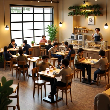 A cozy cafe annex filled with warm, ambient lighting. There are several small wooden tables with patrons sitting at them, each engrossed in conversation or enjoying their drinks. Some patrons have steaming cups of coffee in front of them, while others are savoring freshly baked pastries displayed on a counter. The walls are adorned with artwork, and potted plants are placed on windowsills, adding to the inviting atmosphere. The floor is made of rustic tiles, and a barista is seen preparing drinks behind the counter, wearing an apron and a friendly smile.