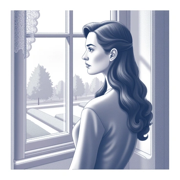 A thoughtful portrait of a woman resembling "Anna Karenina" gazing out of a window. She has long, dark hair elegantly styled, with a slight wave framing her face. Her expression is contemplative, revealing a depth of emotion in her eyes. The window frame is detailed, featuring intricate woodwork and a view of a garden outside. The room is softly lit, emphasizing her features and the serene atmosphere surrounding her. A delicate lace curtain drapes beside the window, adding texture to the scene.