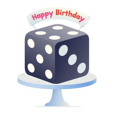 A six-sided die-shaped cake is placed on a decorative white cake stand. The cake has smooth fondant icing in a glossy black color. Each face of the die features large white dots, perfectly shaped and positioned, indicating the numbers one through six. The edges of the cake are meticulously rounded, giving it a realistic die appearance. Surrounding the base of the cake is a thin border of silver edible glitter that adds a touch of elegance. A small, colorful banner across the top reads "Happy Birthday" in playful font, completing the festive look.