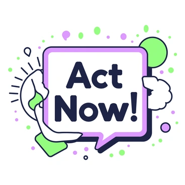 A large speech bubble is centrally positioned in the image. Inside the bubble, the text "Act Now!" is prominently displayed in bold letters. Surrounding the bubble are several bursts in various shapes and sizes, giving an energetic feel to the composition. Each burst has distinct lines radiating outward, emphasizing the urgency of the message. The speech bubble and bursts are outlined in green and purple, creating a striking contrast that captures attention.