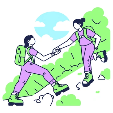 Two friends are assisting each other as they climb a steep hill along a hiking trail. One friend is pulling the other up by their arm, showing determination on their face. The friend being helped is using their free hand to grip a nearby rock for support. Both friends are wearing hiking gear, with sturdy boots and backpacks. The steep hill is surrounded by trees and bushes, with a clear blue sky visible above. Sunlight filters through the leaves, casting shadows on the ground.