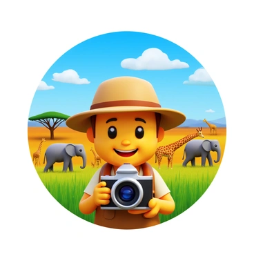 A 3D cartoon character of a photographer with a cheerful expression, wearing a safari hat and comfortable clothing. The character is holding a large camera, poised to capture a photo. In the background, a vibrant savanna landscape stretches out, featuring tall grass and acacia trees. Various wildlife, such as elephants and giraffes, can be seen in the distance, adding life to the scene. The sky is bright blue with fluffy clouds, creating a lively atmosphere.