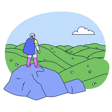 A lone warrior stands on a rocky mountain peak. The warrior is dressed in a simple armor with a flowing cape that billows in the wind. The figure faces forward, looking out over vast landscapes and valleys below. The valleys are filled with lush green hills and scattered patches of wildflowers. In the distance, a clear blue sky stretches above, with a few fluffy white clouds drifting by. The sunlight casts shadows across the terrain, highlighting the contours of the hills and the warrior's silhouette.