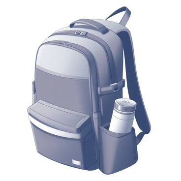 A traveler's backpack with multiple compartments and a sturdy fabric exterior. The bag features adjustable straps and a padded back for comfort. From the side pocket, a thermos with a smooth, cylindrical shape is visible, showcasing a secure screw-on lid. The thermos has an embossed design, and it appears slightly tilted, emphasizing its position. The background includes hints of natural scenery, suggesting the backpack is ready for an adventure.
