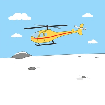 A bright yellow helicopter is flying high above a vast, untouched snowfield. The helicopter features a bold red stripe running along its side. Below, the snowfield stretches endlessly, covered in a pristine layer of white snow that sparkles under the winter sun. Fluffy white clouds drift in the blue sky, creating a cheerful atmosphere. The landscape is dotted with small patches of dark rocks peeking through the snow, adding contrast to the scene. The helicopter's rotor blades are in motion, creating a slight blur as it soars over the winter wonderland.