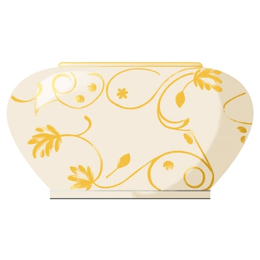 A decorative piece featuring a rounded shape with a smooth surface. The piece is embellished with intricate "gold leaf designs" that swirl and intertwine across its exterior. The designs include detailed floral motifs and geometric patterns, creating a sense of elegance and sophistication. The background is a soft, muted color that enhances the brilliance of the gold leaf. The lighting highlights the texture and shine of the gold, making the decorative piece stand out prominently.
