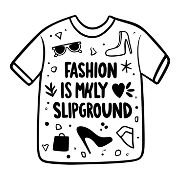 A t-shirt design displaying the words "Fashion is My Playground" in bold typography across the chest. Around the text, there are various playful motifs such as high-heeled shoes, sunglasses, and shopping bags. The design includes abstract shapes and patterns that evoke a sense of fun and style, creating a visually engaging composition.