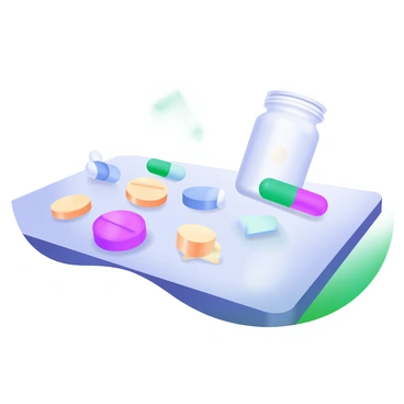 A close-up view of various medication pills used for treating "sciatica" scattered across a smooth, light-colored table. The pills are in different shapes and colors, including round, oval, and rectangular forms. A few pills are positioned upright, while others lay flat on the surface. Soft shadows are cast beneath the pills, adding depth to the image. The background is slightly blurred to keep the focus on the medication.