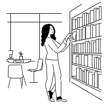 A woman standing in a library, looking at a large bookshelf filled with books. She has long hair and is wearing a fitted sweater and jeans. Her right hand is reaching out to pull a book from the shelf while her left hand is resting on the edge of the shelf. Around her, the library is filled with tall bookshelves and a few tables with chairs. A large window is visible behind her, allowing light to stream into the space.