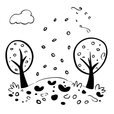 A cluster of "mustard seeds" scattered across a ground covered with fallen leaves. The seeds appear to be lifted and carried by the wind, creating a dynamic sense of movement. "Autumn trees" stand in the background, their branches swaying gently. A few "puffs of wind" are depicted as ethereal wisps, illustrating the force that drives the seeds. The ground is textured, with various shapes of leaves intermingled with the seeds.