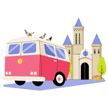 A classic vintage bus with rounded edges painted in bright red is parked in front of an old city landmark. The bus has large, gleaming chrome bumpers and whitewall tires. The landmark features intricate stone carvings and a tall clock tower with a blue sky in the background. There are green trees lining the street and a few colorful flower beds in front of the landmark. A pair of pigeons are perched on the bus's roof, adding life to the scene.